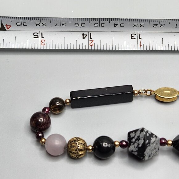 Stone Bead Necklace Rose Quartz Snowflake Obsidian Cloisonne Gradient 30" - Picture 11 of 13